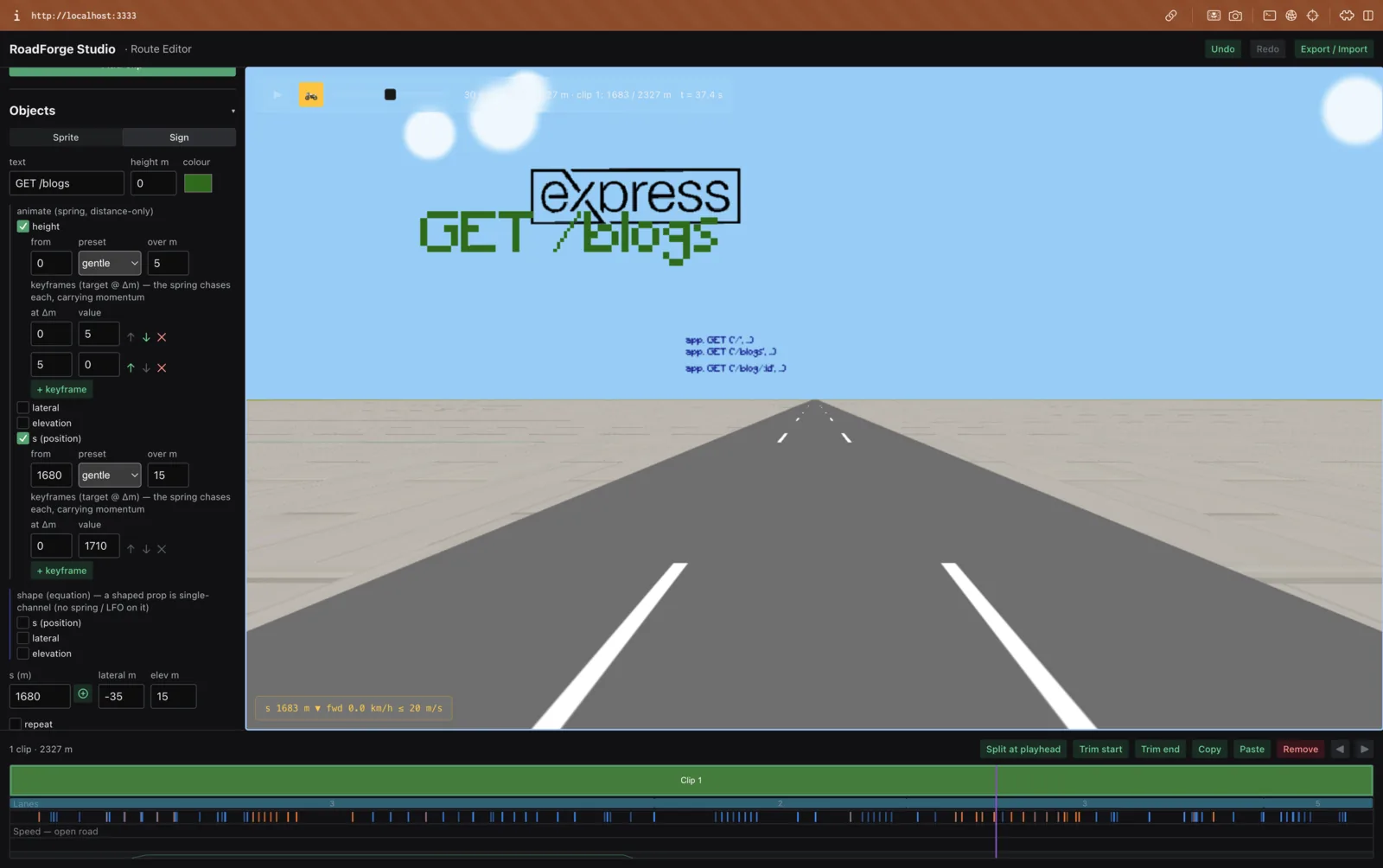 The studio with a road view on the right and a property panel on
          the left. The panel holds text fields for text, height and colour,
          checkboxes for the height, lateral, elevation and position channels,
          spring preset dropdowns, and two keyframe tables.